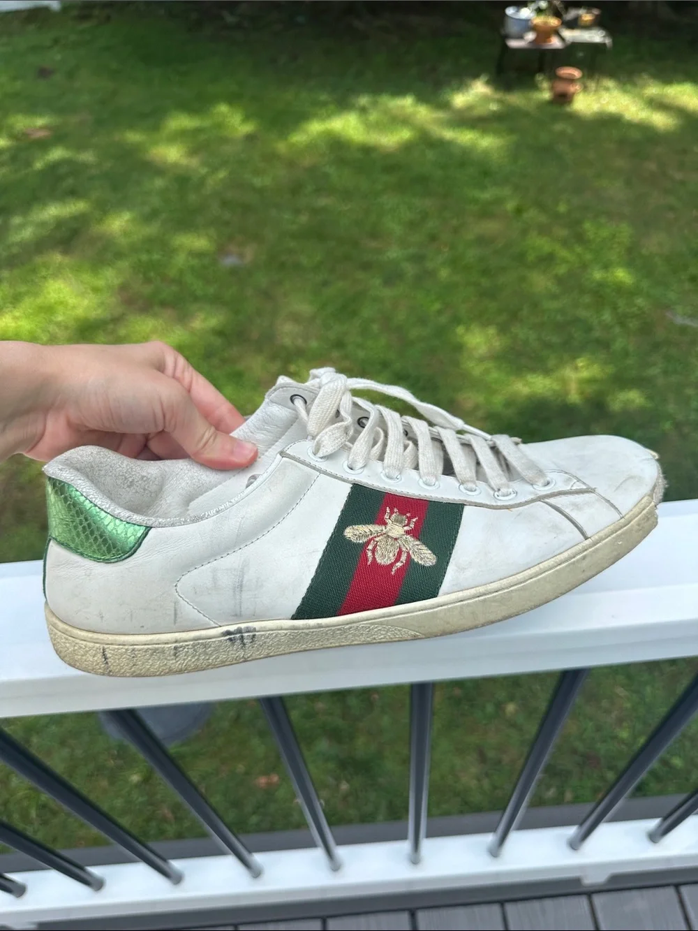 Gucci White Leather Sneakers with Red & Green Stripe and Metallic Heel Accents